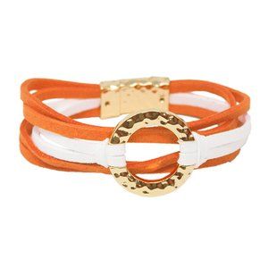 Orange and White Hammered Circle & Suede Bracelet